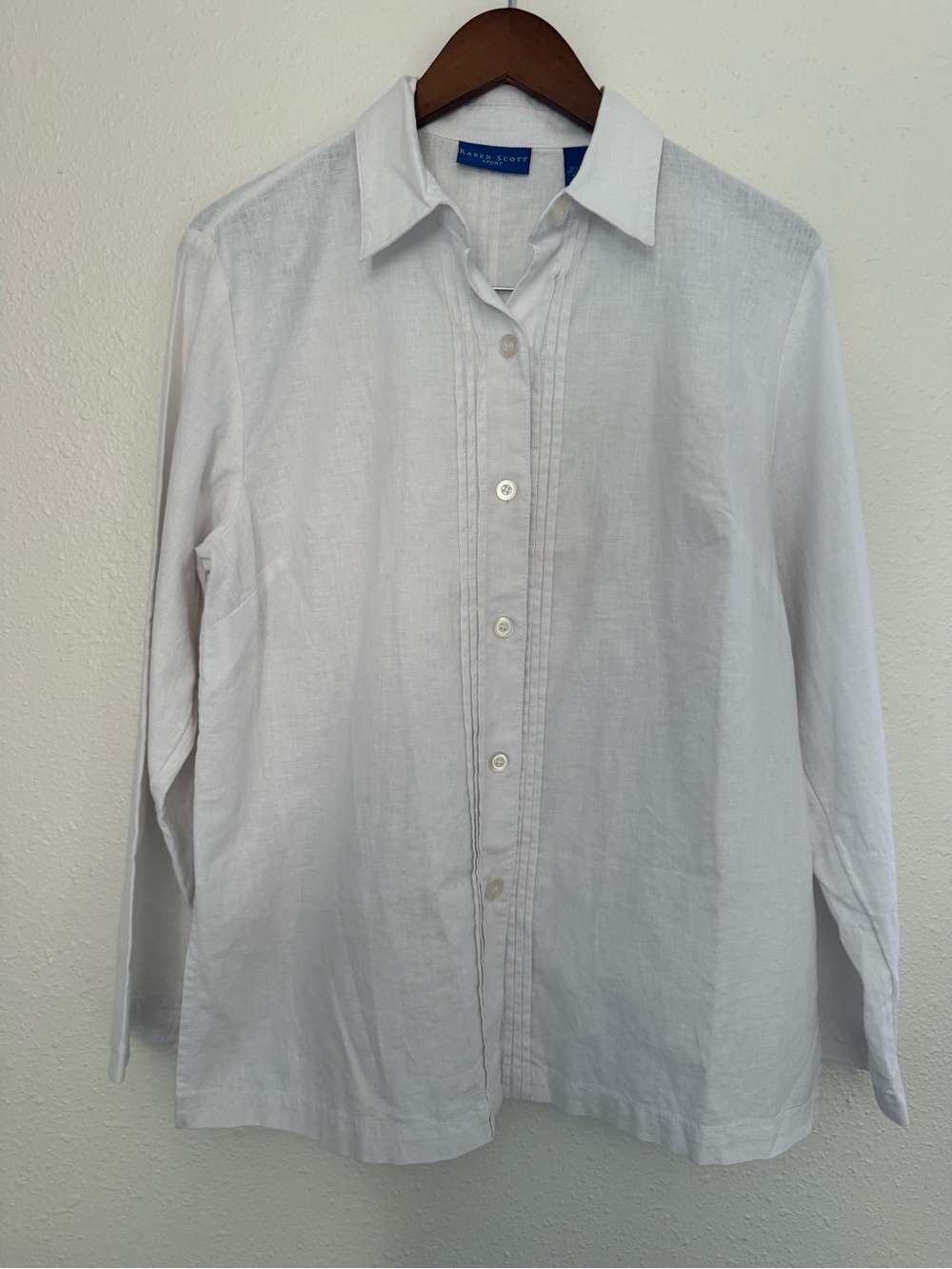 Karen Scott Sport White Linen Cotton Pintuck Button Down Shirt M NWT